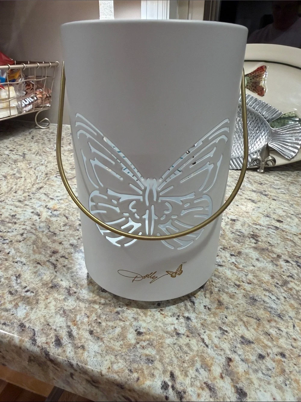 Dolly  White Lantern with Gold Handle and Butterfly Cutout NWT